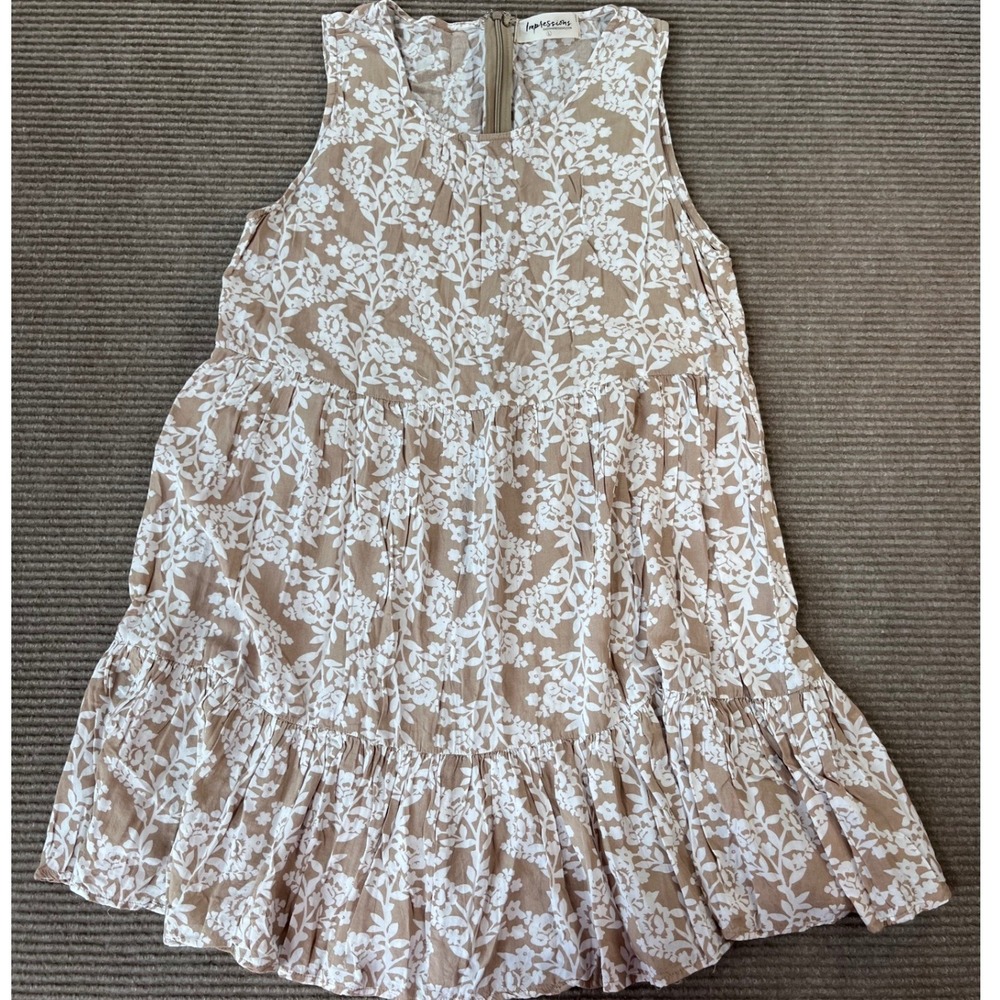 Impressions Tan White Floral Tiered Mini Babydoll Dress Size Large Sleeveless